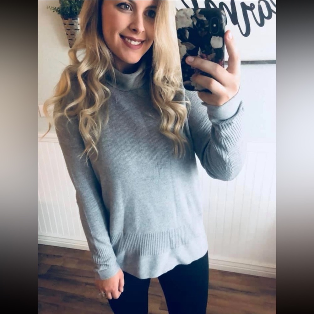 Grey Stretchy Turtleneck. Silver Cowlneck Sweater.